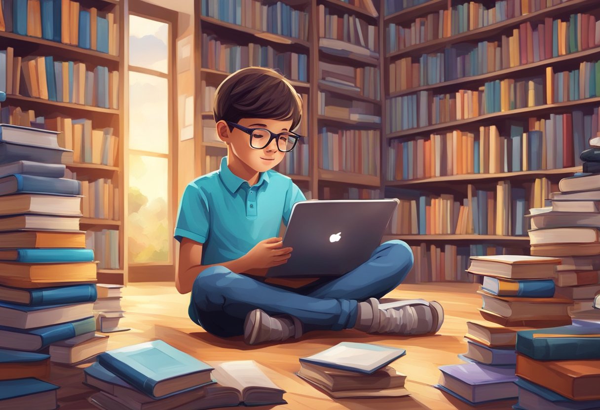 A child surrounded by books and digital devices, exploring and learning in a stimulating environment