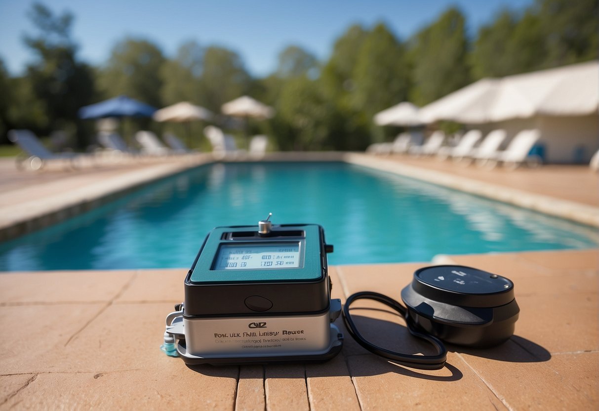 A pool test kit hovers over a crystal-clear Georgia swimming pool, emphasizing the importance of regular water testing for maintaining chemical levels