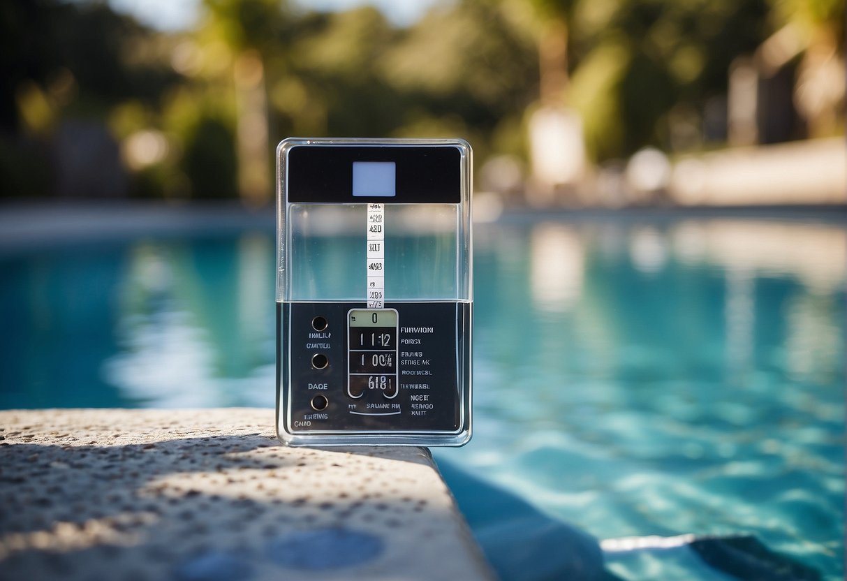 A pool water testing kit sits open on the edge of a crystal-clear swimming pool, with a test strip being dipped into the water and a digital meter ready to read the results