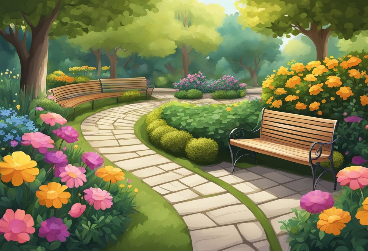 A peaceful garden with winding paths, colorful flowers, and benches for relaxation, surrounded by a secure and comforting environment