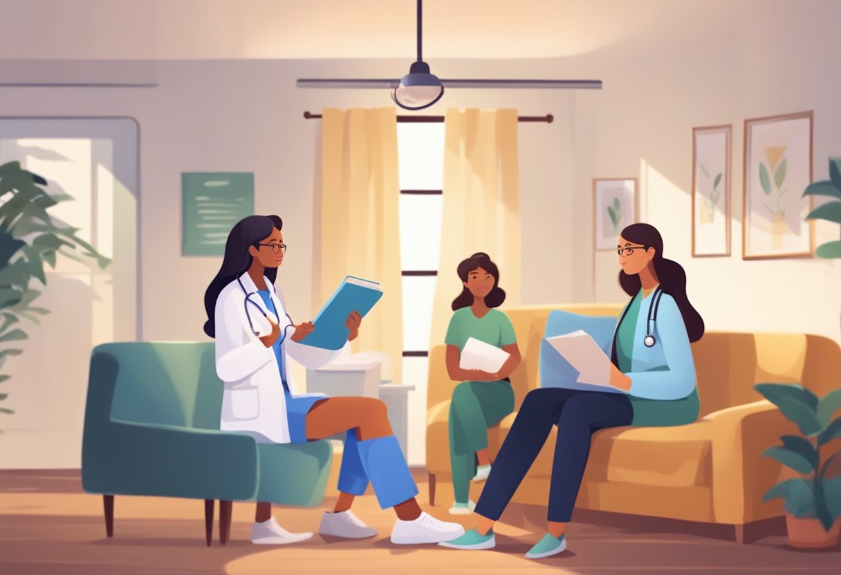 A doctor in a white coat holds a clipboard, discussing a diagnosis with a concerned family in a cozy, well-lit room