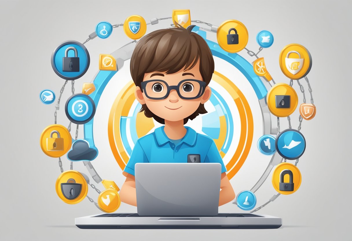 A child using a laptop with a padlock symbol on the screen, surrounded by safety icons and a shield symbol