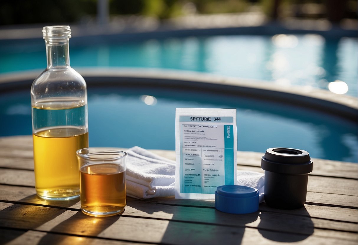 A pool with clear water, a testing kit, and chemical bottles on the pool deck, with a chart showing ideal chemical levels