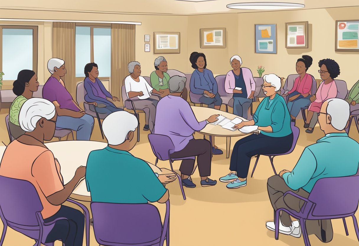 A group of people gather at a Cleveland-specific Alzheimer's care center, exchanging information and resources. The center is filled with informational pamphlets and supportive materials for those affected by the disease