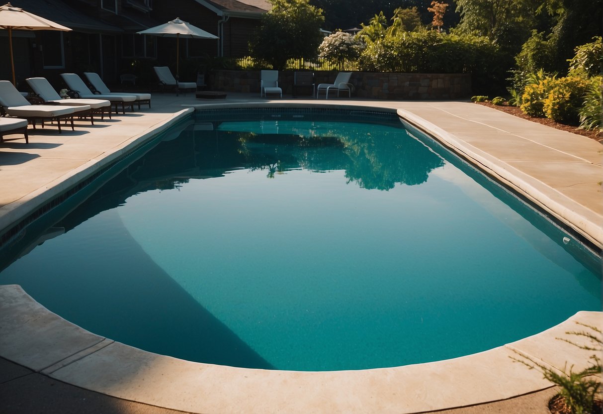 The Georgia pool water is clear and balanced, with ideal chemical levels maintained. The sun shines down, reflecting off the surface of the water, creating a serene and inviting atmosphere