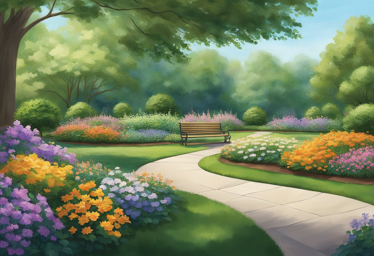 A serene garden with winding paths and benches, surrounded by blooming flowers and shaded by tall trees, creates a peaceful setting for Cleveland Alzheimer's care