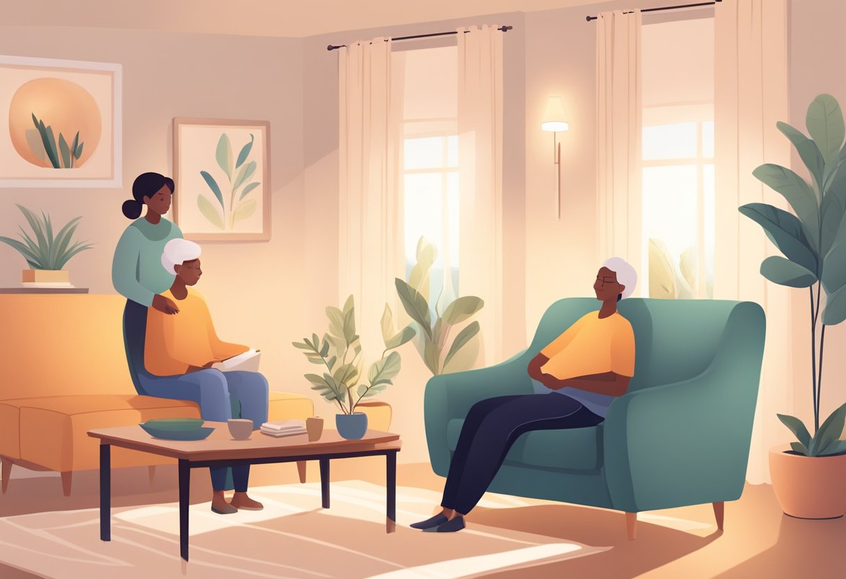 A serene living room with soft lighting, comfortable seating, and calming decor. A caregiver gently assisting a resident with daily activities