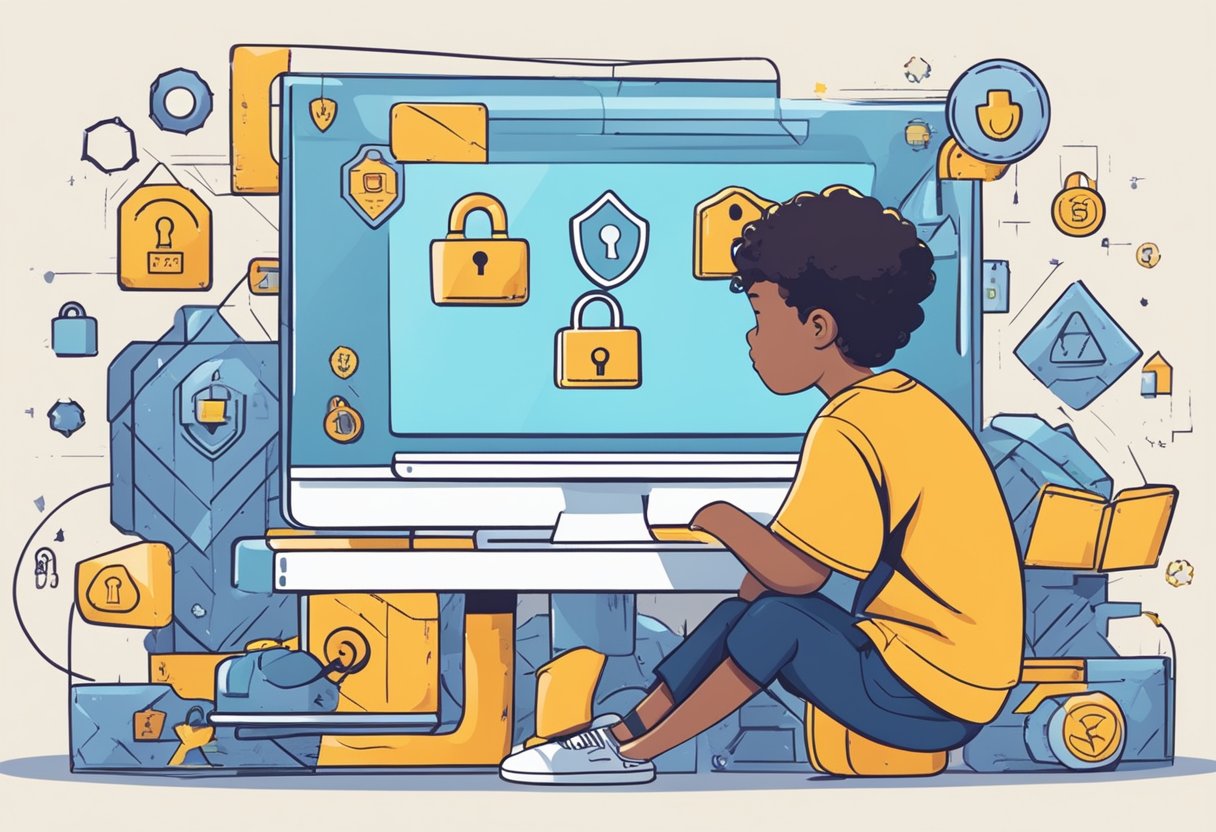 A child sits at a computer, surrounded by safety symbols and locked padlocks. The screen shows a shield protecting from inappropriate content