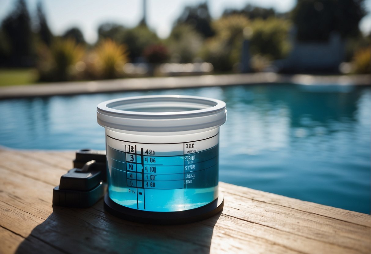 A clear pool with a pH testing kit floating on the water's surface. A chart showing the ideal pH levels for pool maintenance is displayed nearby