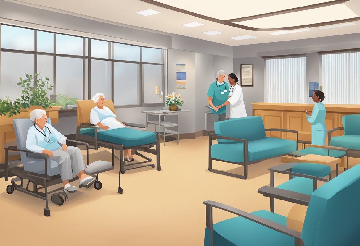 A bustling healthcare facility in Cleveland, with a warm and inviting atmosphere, filled with compassionate staff and state-of-the-art equipment for Alzheimer's care