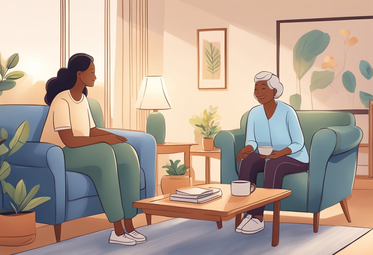 A serene living room with comfortable seating, soft lighting, and calming decor. A caregiver gently assists a resident with a smile