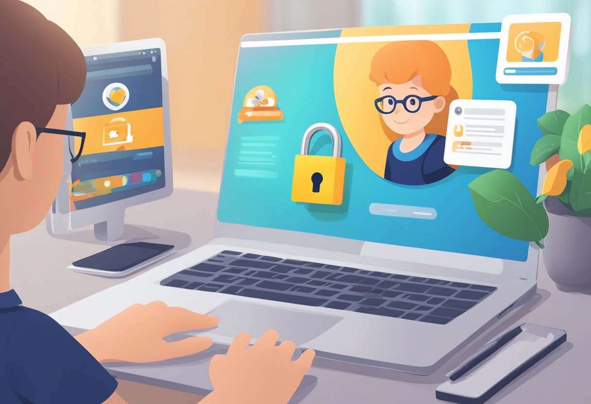 A computer screen displaying a child-friendly online platform with a padlock icon symbolizing security. A parent's hand hovers nearby, monitoring the screen