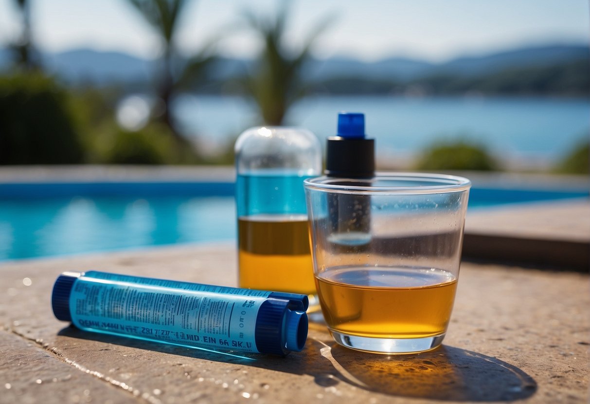 A pool test kit sits on the edge of a sparkling blue pool, with a chart showing water testing results and chemical bottles nearby