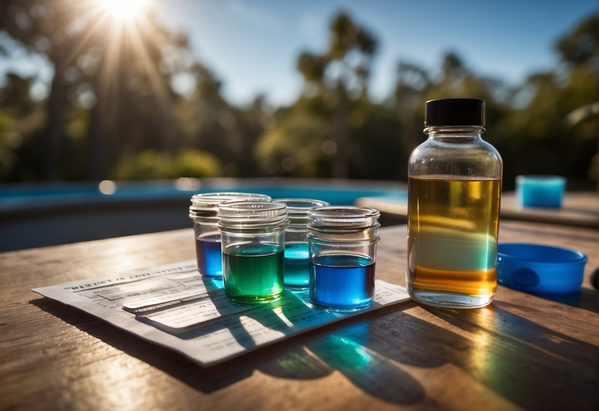 A pool water testing kit is open on a table, with vials of water, test strips, and a color chart laid out. The sun shines through the window, casting a warm glow on the scene