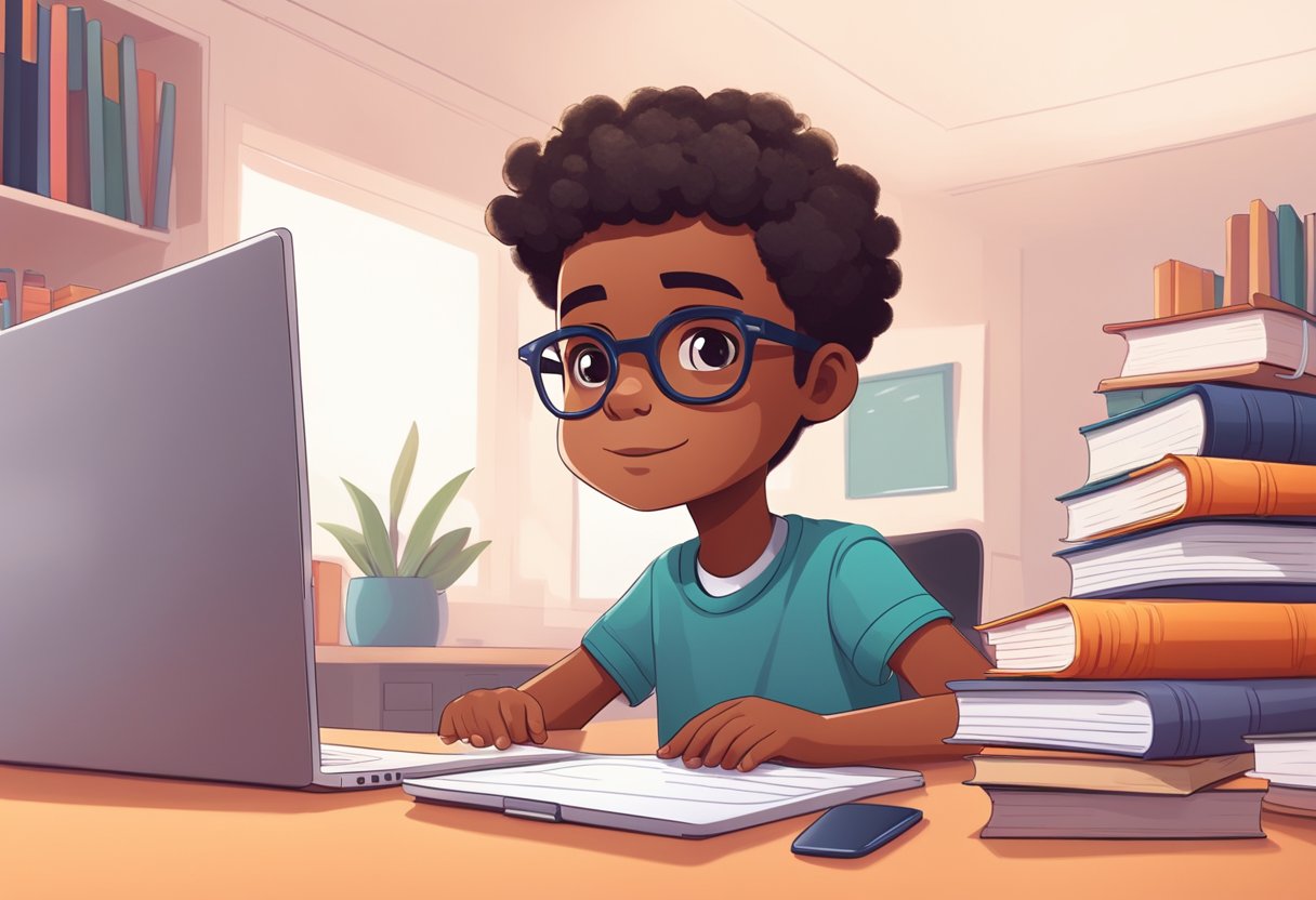 A child sits at a desk, surrounded by books and a laptop. They are focused and engaged in their online learning, with a determined expression on their face