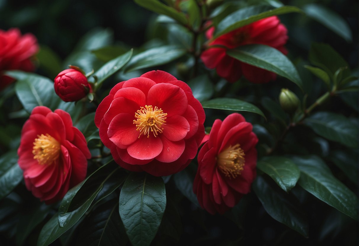 A vibrant red camellia sasanqua blooms against a backdrop of lush green foliage