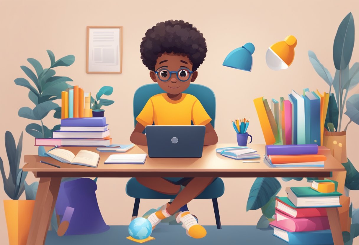 A child sits at a desk with a laptop, surrounded by books and educational materials. The laptop displays an online learning platform, while the child engages with the content