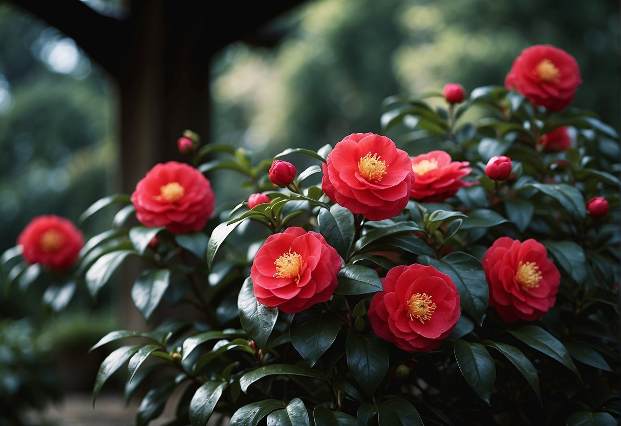 A red camellia sasanqua blooms in a traditional Japanese garden, surrounded by lush greenery and a tranquil pond. The flower symbolizes love, passion, and perfection, with a rich history dating back to ancient times