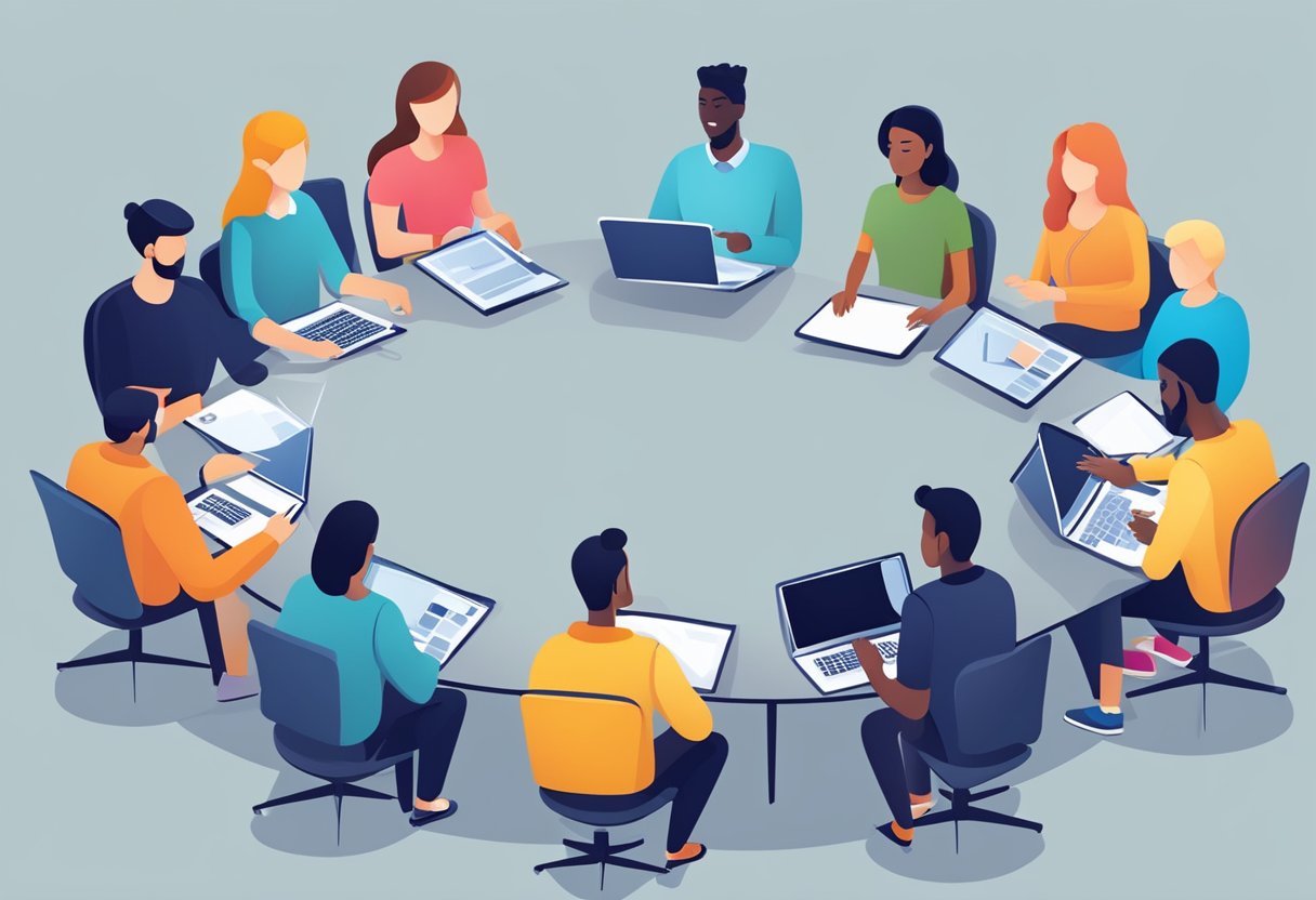 A group of diverse individuals engage in virtual discussions, sharing ideas and problem-solving. Technology facilitates seamless communication and collaboration in an online learning environment