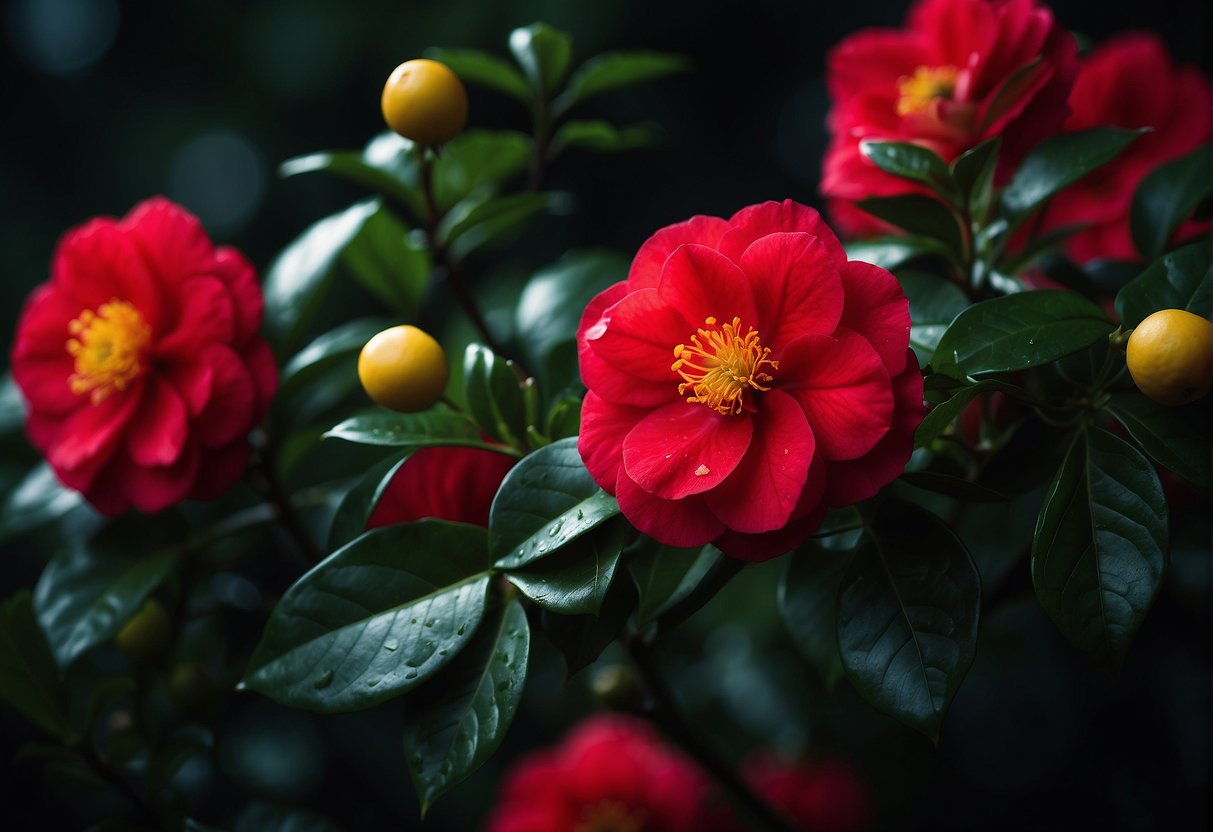 A vibrant red camellia sasanqua blooms against dark green foliage, with glossy petals and a prominent yellow stamen at its center