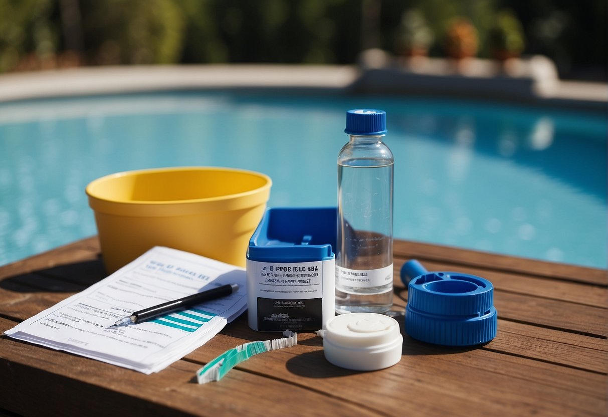 A pool maintenance scene: Testing kit on pool deck, water sample in vial, instruction manual nearby. Georgia landscape in background