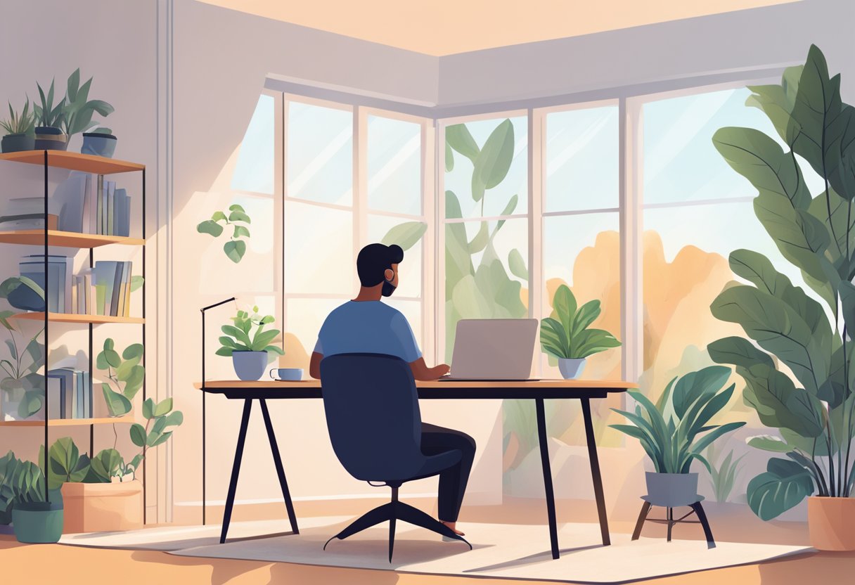 A serene home office with natural light and plants. A laptop displaying online learning resources. A parent sitting comfortably, sipping tea, and reading a book on mental health