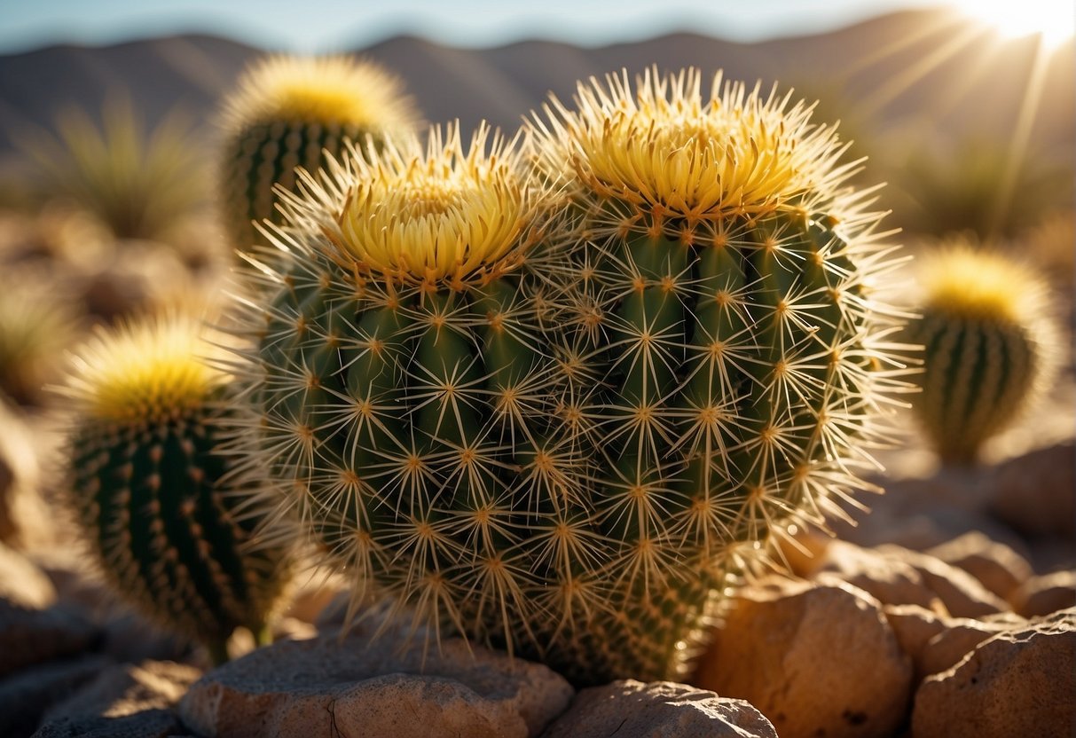 A golden barrel cactus flower blooms in the desert, surrounded by spiky green stems and bathed in warm sunlight