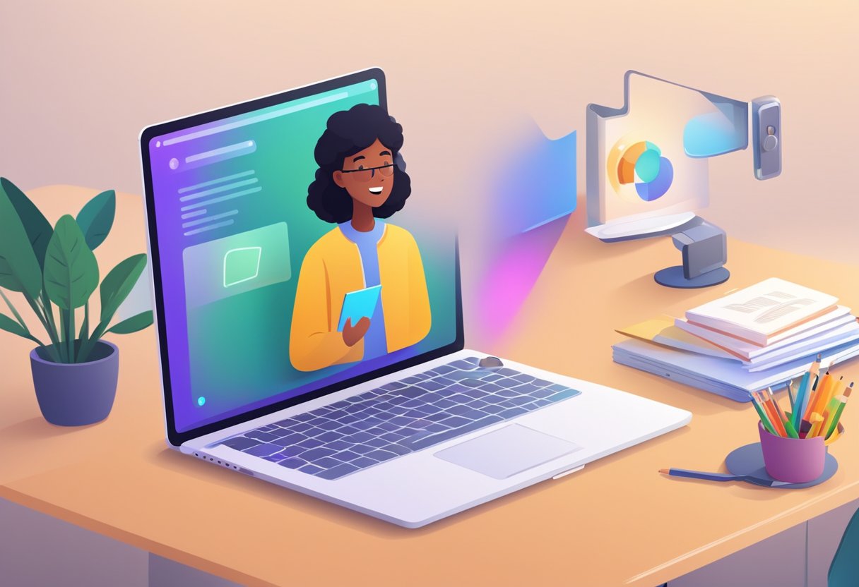 An animated laptop screen displaying a virtual classroom with interactive tools. A parent observing and engaging with the online learning platform