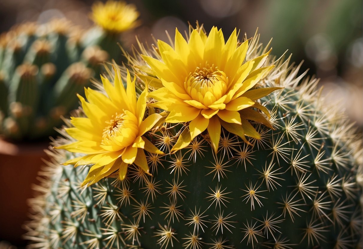 A close-up view of a golden barrel cactus in bloom, with vibrant yellow flowers and spiky green stems