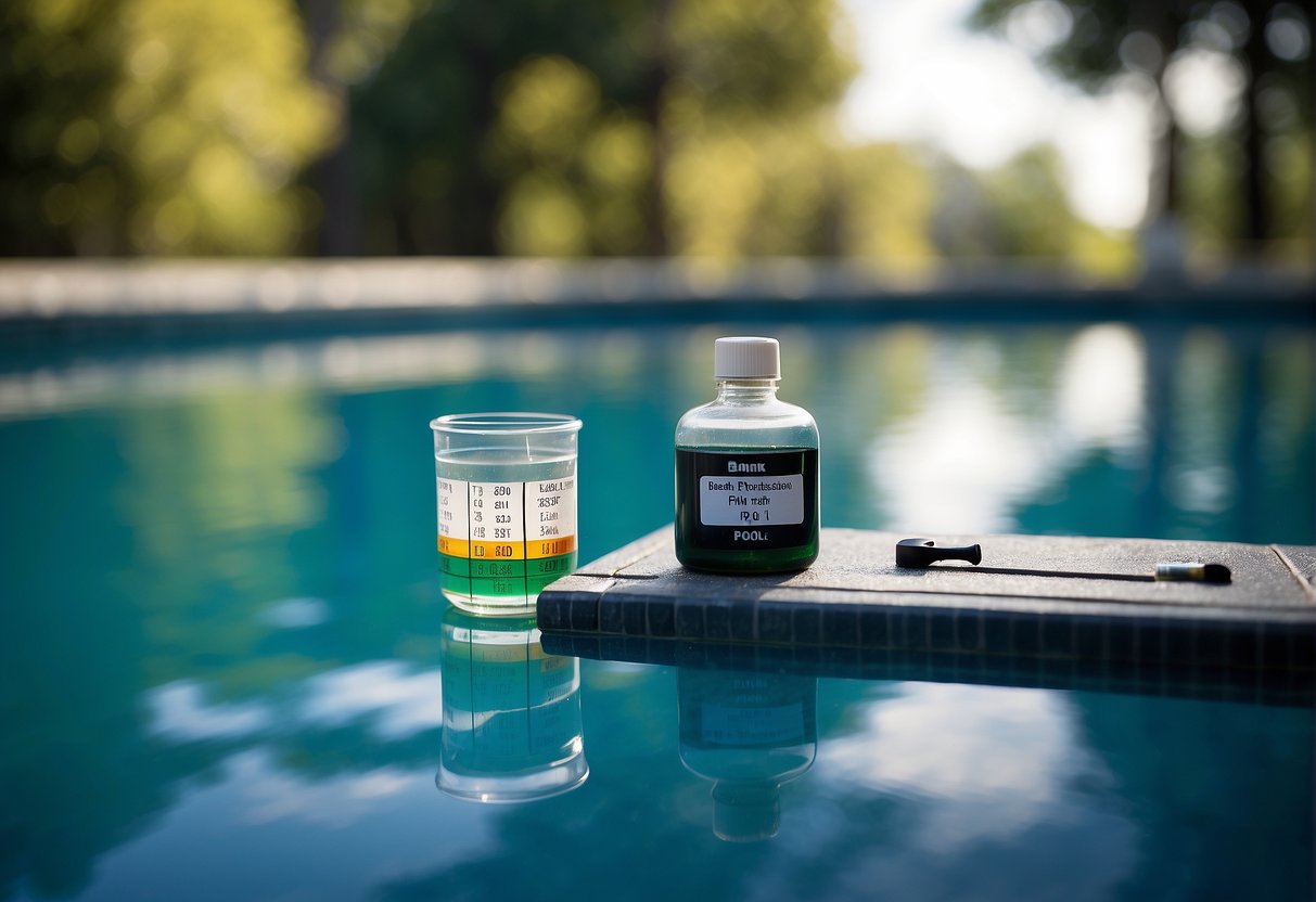 A clear pool with a testing kit and water samples in Georgia. The kit includes pH strips, chlorine test, and a thermometer
