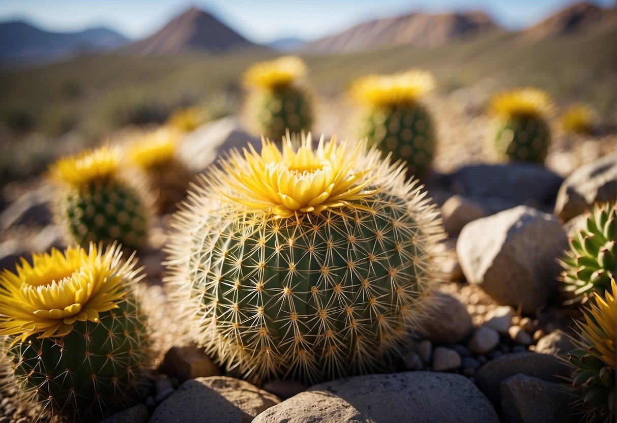 A golden barrel cactus flower blooms in a rocky desert habitat, surrounded by other cacti and sparse vegetation