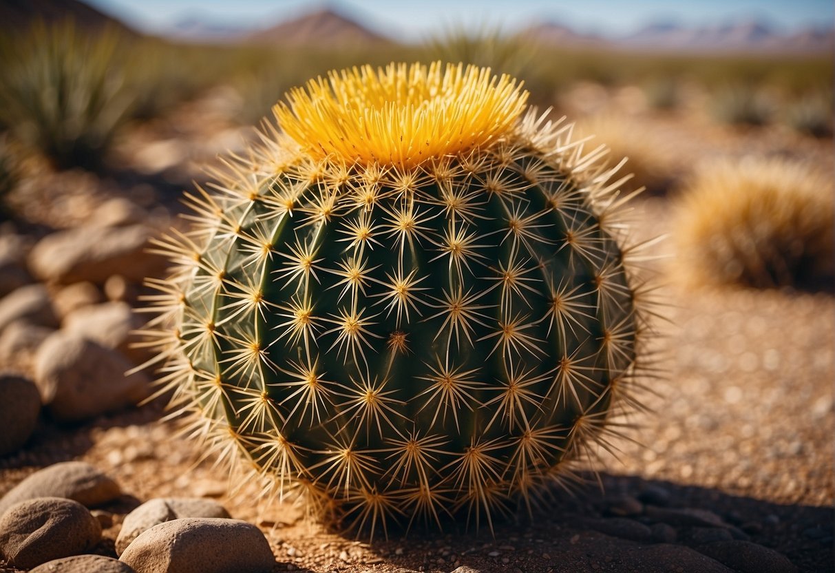 A golden barrel cactus stands tall in the desert, its round, ribbed body covered in sharp spines. It has adapted to the arid environment with its ability to store water and its waxy coating to prevent water loss