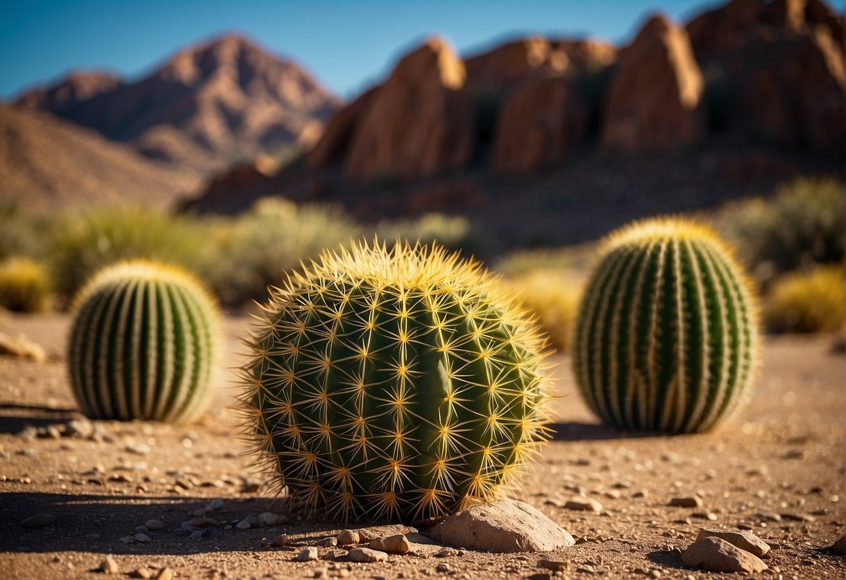 The golden barrel cactus stands tall with ribbed, cylindrical stems and sharp spines. Its vibrant yellow-green color contrasts with the arid desert landscape