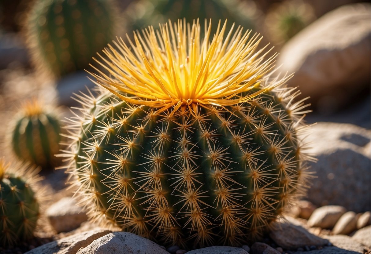 The golden barrel cactus absorbs sunlight through its spines, converting carbon dioxide into glucose for energy and storing water in its thick, fleshy stem