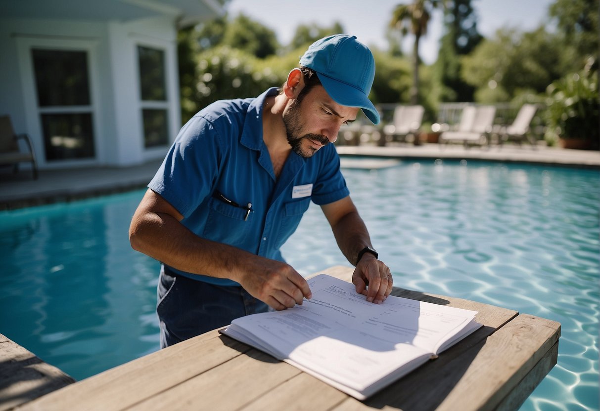A pool technician tests water, adds chemicals, and records data in a logbook. The setting is a sunny Georgia pool with clear blue water and surrounding greenery