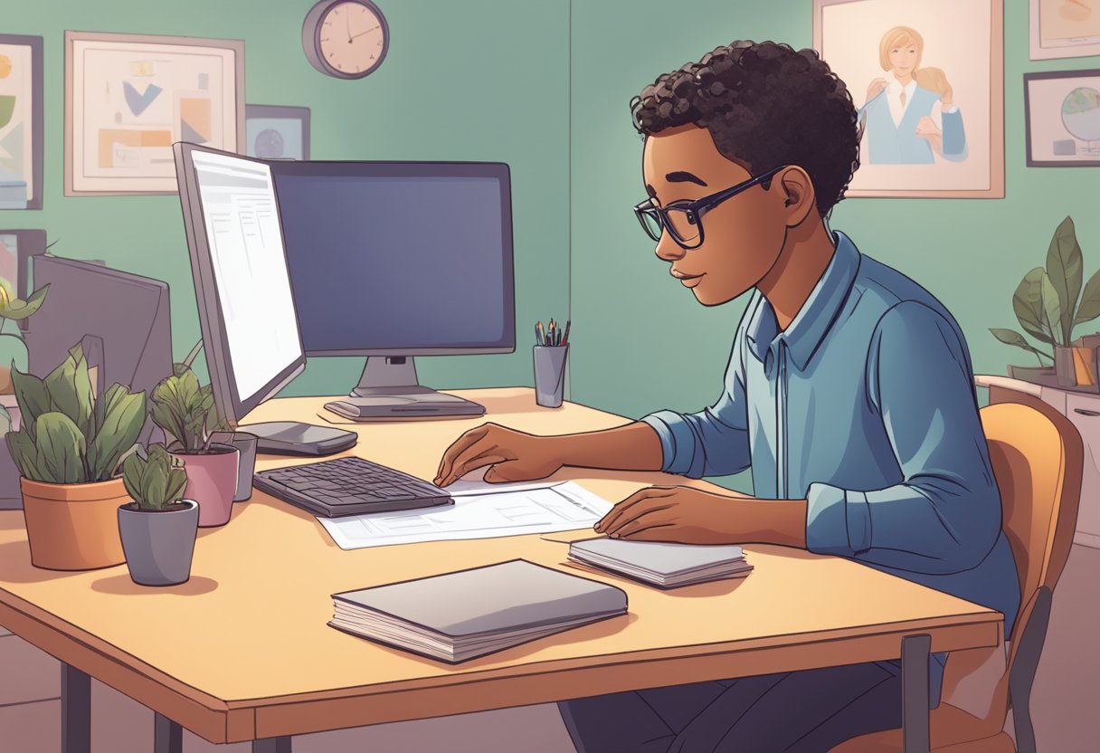A parent sits at a desk, surrounded by a variety of online programs for young learners. They are carefully comparing and evaluating each option, with a look of determination and focus on their face