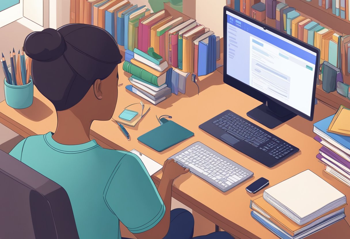 A young student sits at a computer, surrounded by books and educational materials. The screen displays a variety of online learning programs. A concerned parent looks over the student's shoulder, offering guidance and support