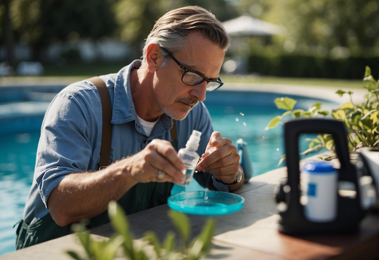 A pool technician tests water quality using a testing kit. They carefully analyze the results and adjust the pool chemicals accordingly