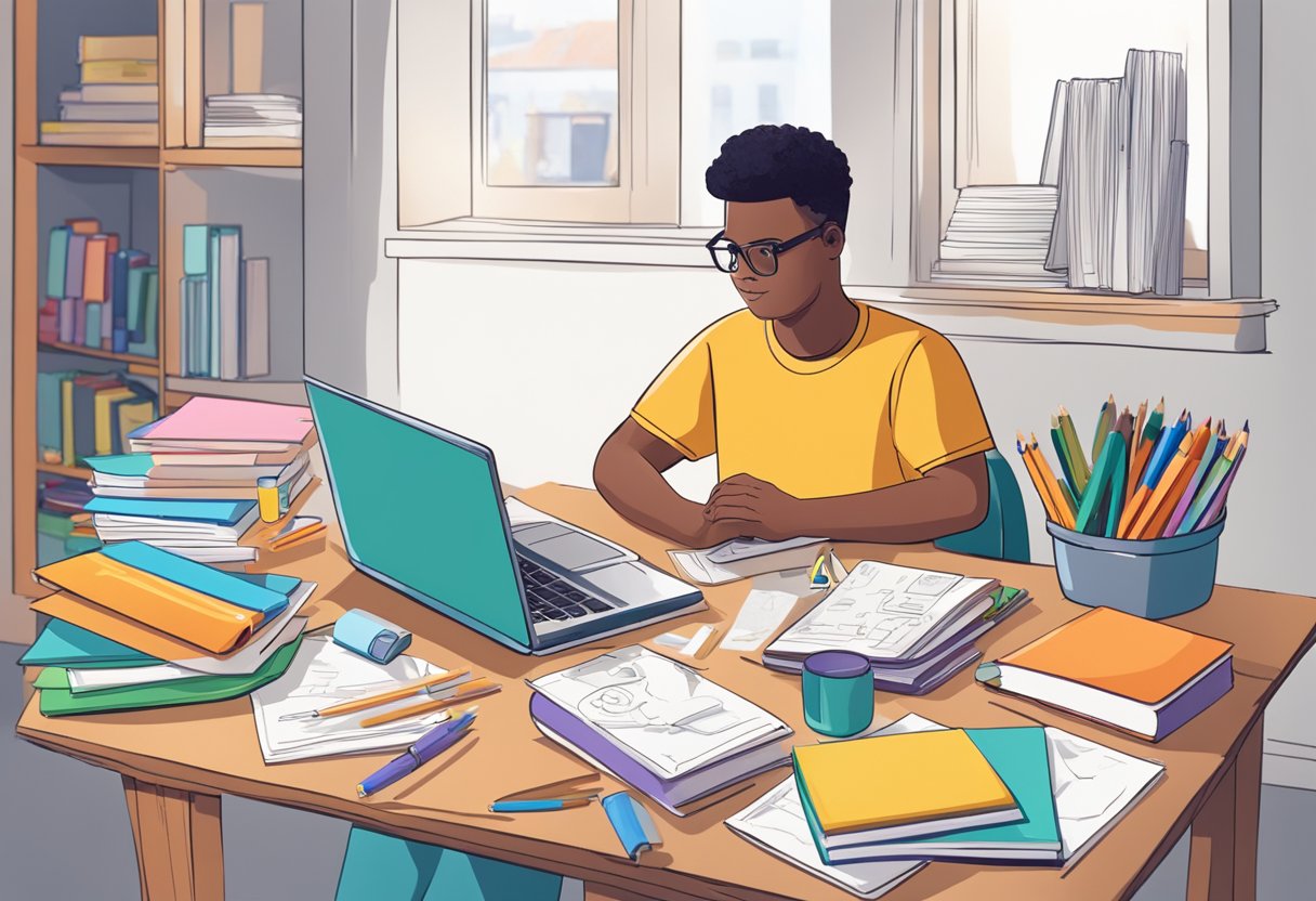 A parent sits at a desk with a laptop, surrounded by educational materials. A child's drawing and school supplies are scattered around the room