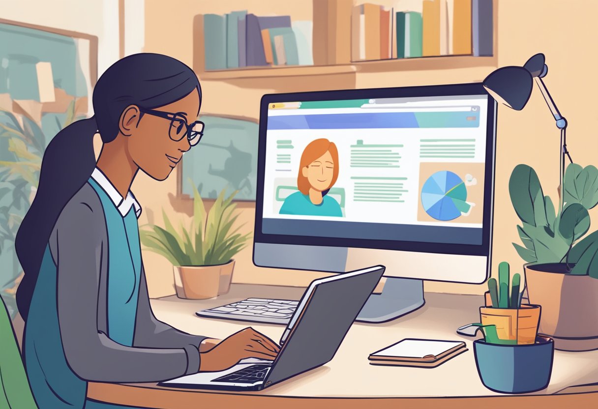 A parent sits at a desk, browsing through a variety of online programs for young learners. A laptop and tablet are open, displaying different educational platforms. A thoughtful expression is evident on the parent's face as they consider the options