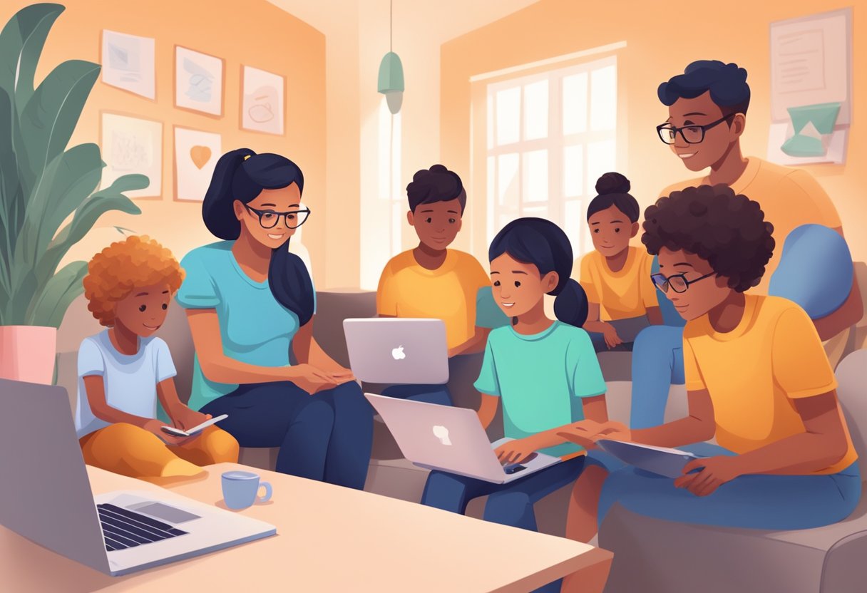 A group of young learners engage in online programs while parents provide guidance and monitor their interactions with peers