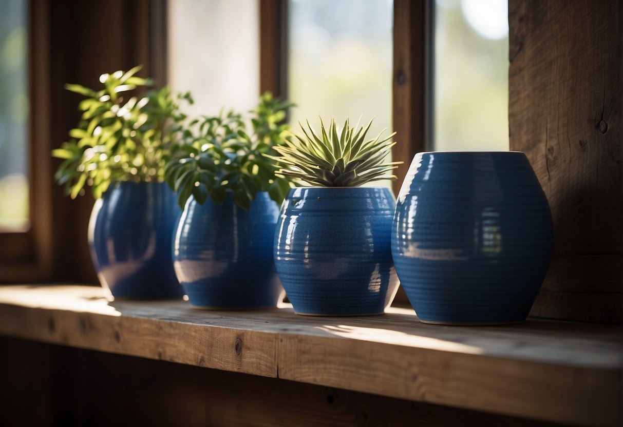 Three blue ceramic pots arranged on a rustic wooden shelf. Sunlight filters through a nearby window, casting soft shadows on the textured surface of the pots