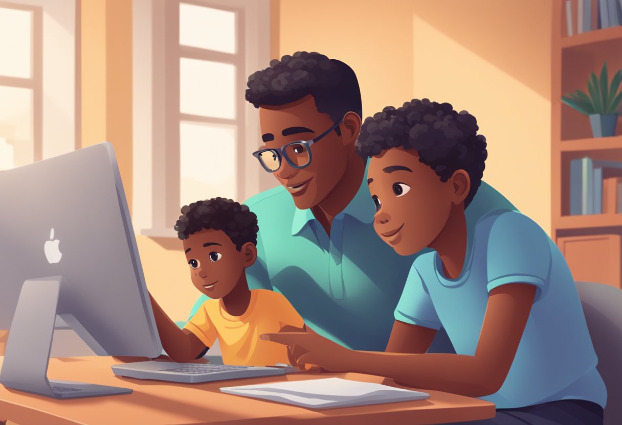 A parent and child sit at a computer, browsing through various online programs. The parent is pointing to different options, while the child looks on with interest