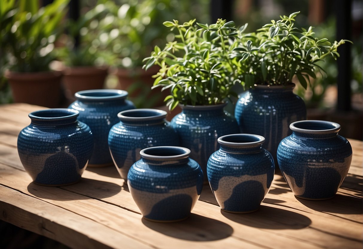 Blue ceramic pots arranged on a wooden table with dappled sunlight casting shadows
