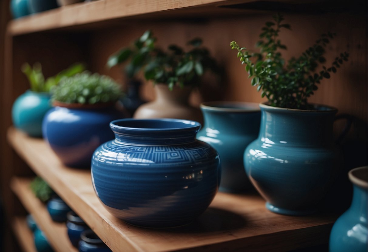 A hand reaches for a vibrant blue ceramic pot among a variety of other pots on a shelf