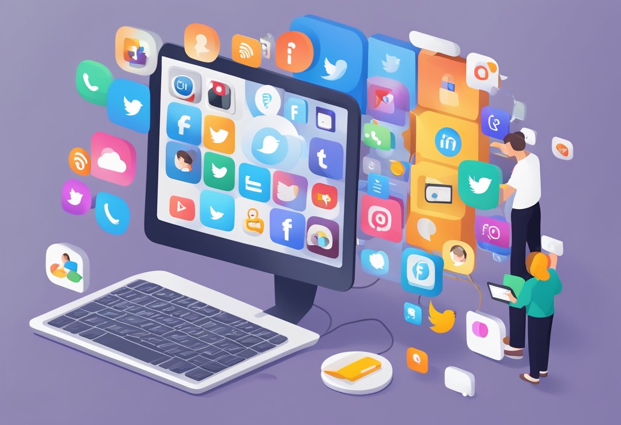 A computer screen displaying various social media icons and technology tools, with virtual interactions and communication among online learners