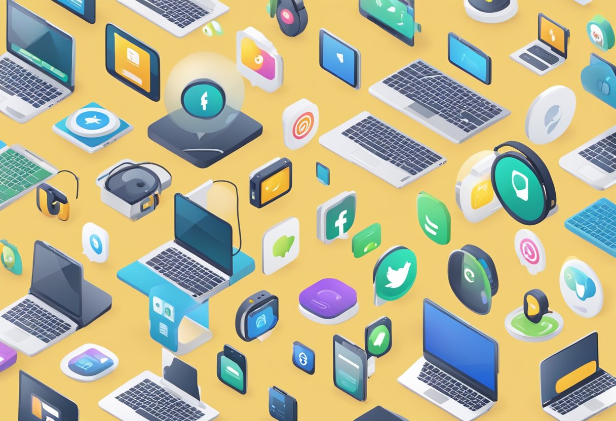 A group of digital devices arranged in a circle, displaying various online learning platforms. Speech bubbles and chat icons indicate social interaction