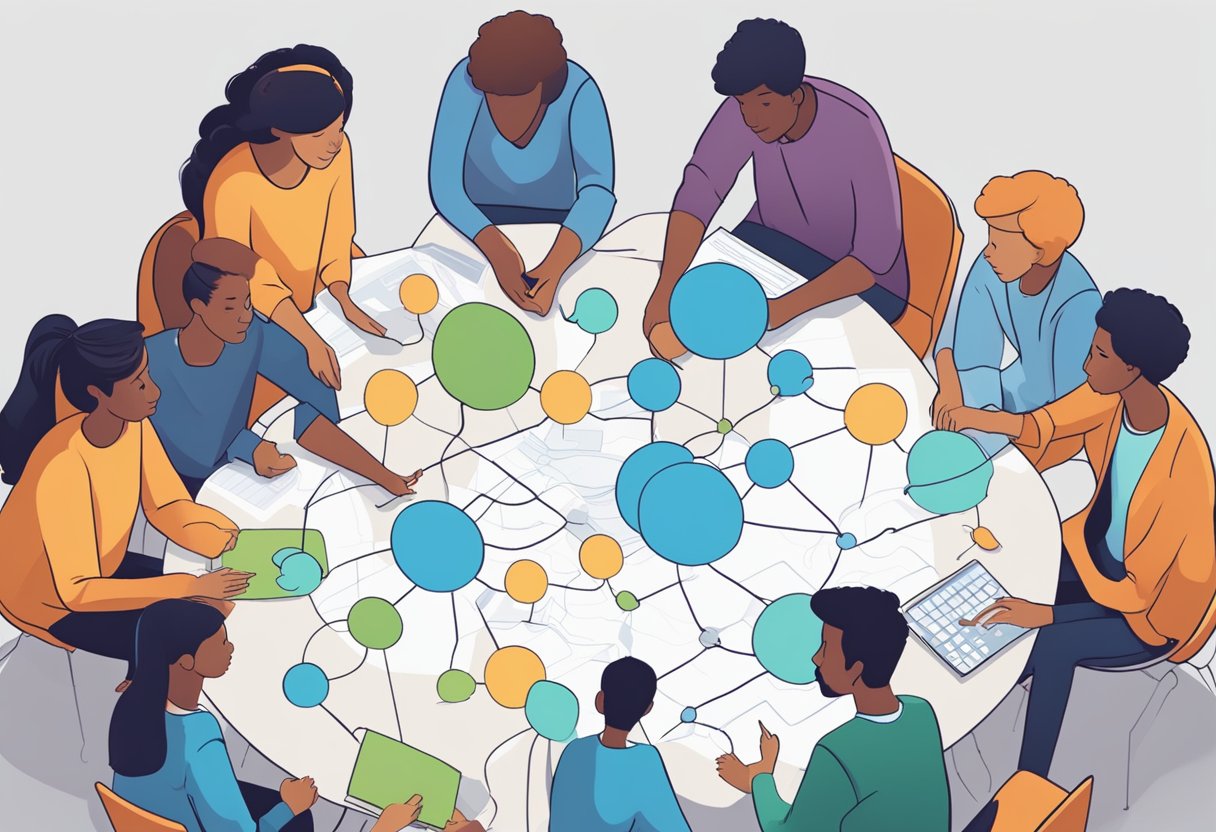 Students engage in collaborative problem-solving, sharing ideas through digital platforms. Thought bubbles and interconnected lines illustrate critical thinking and social interaction