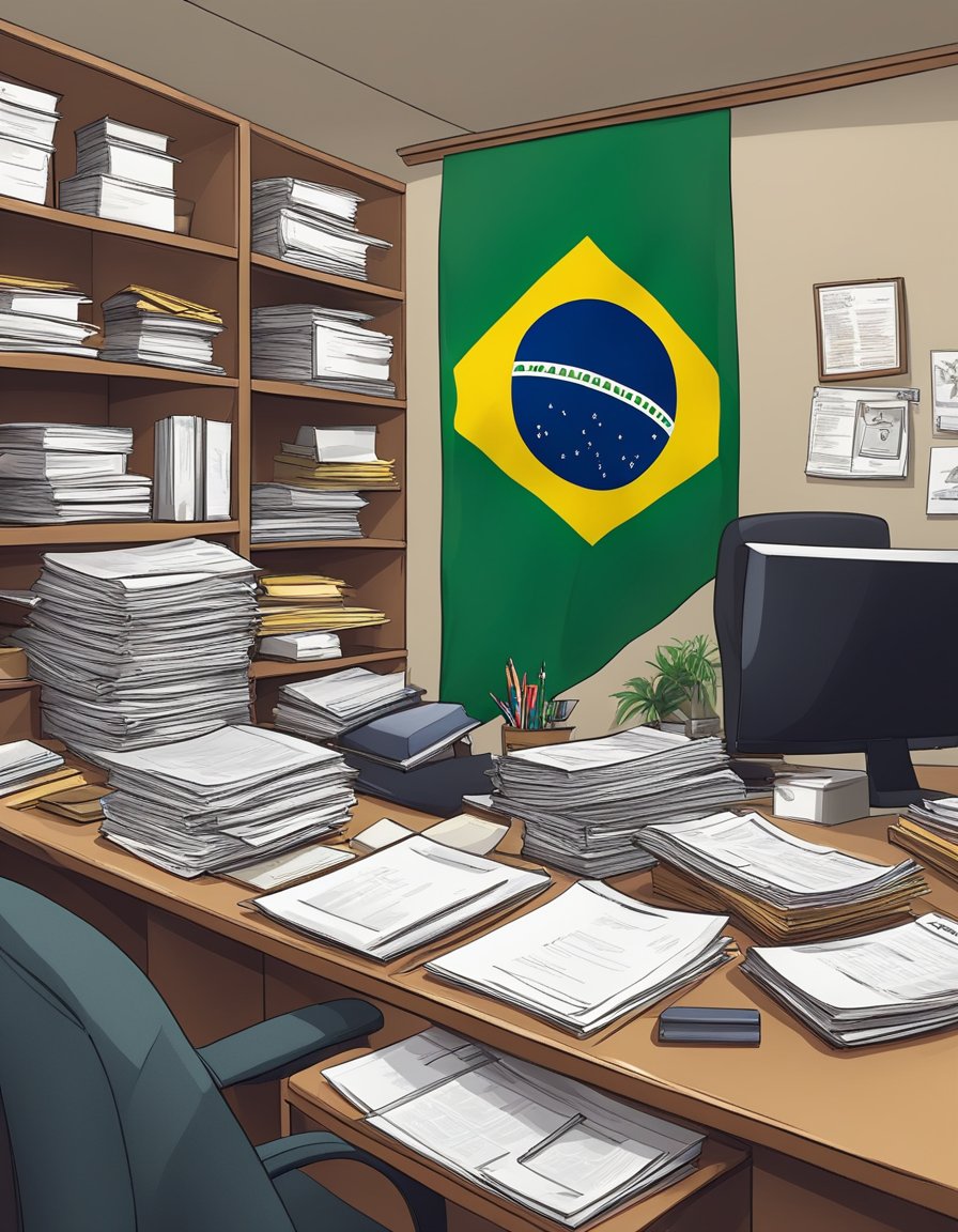 A cluttered desk with legal documents, stamps, and a Brazilian flag. Shelves filled with folders and certificates in a busy Brazilian notary office