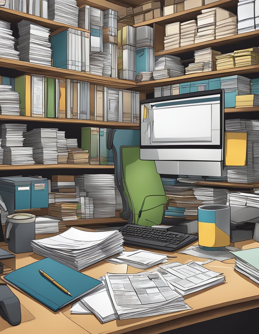 A cluttered desk in a busy Brazilian notary office, with stacks of paperwork, a computer, and shelves of legal documents